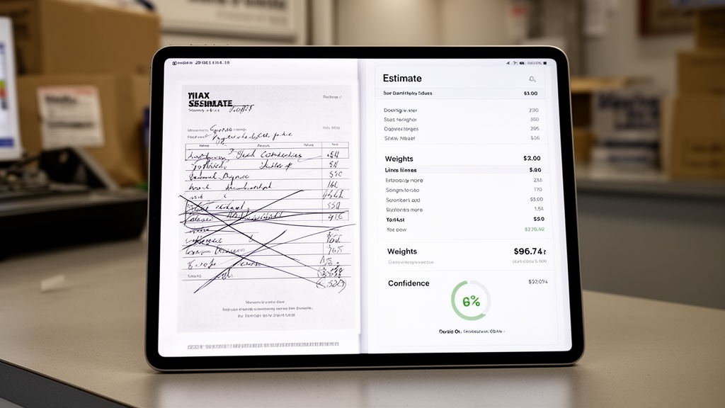 A side-by-side comparison on a tablet screen: left column shows a handwritten estimate form with cro