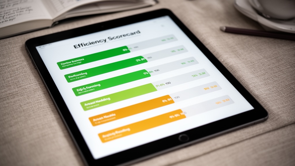 A close-up top-down view of a tablet resting on a desk, screen showing a digital efficiency scorecar