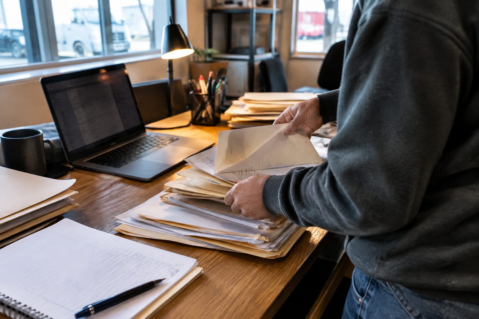 Administrator scanning signed paper moving documents, with year-labeled banker's boxes beside an open filing cabinet