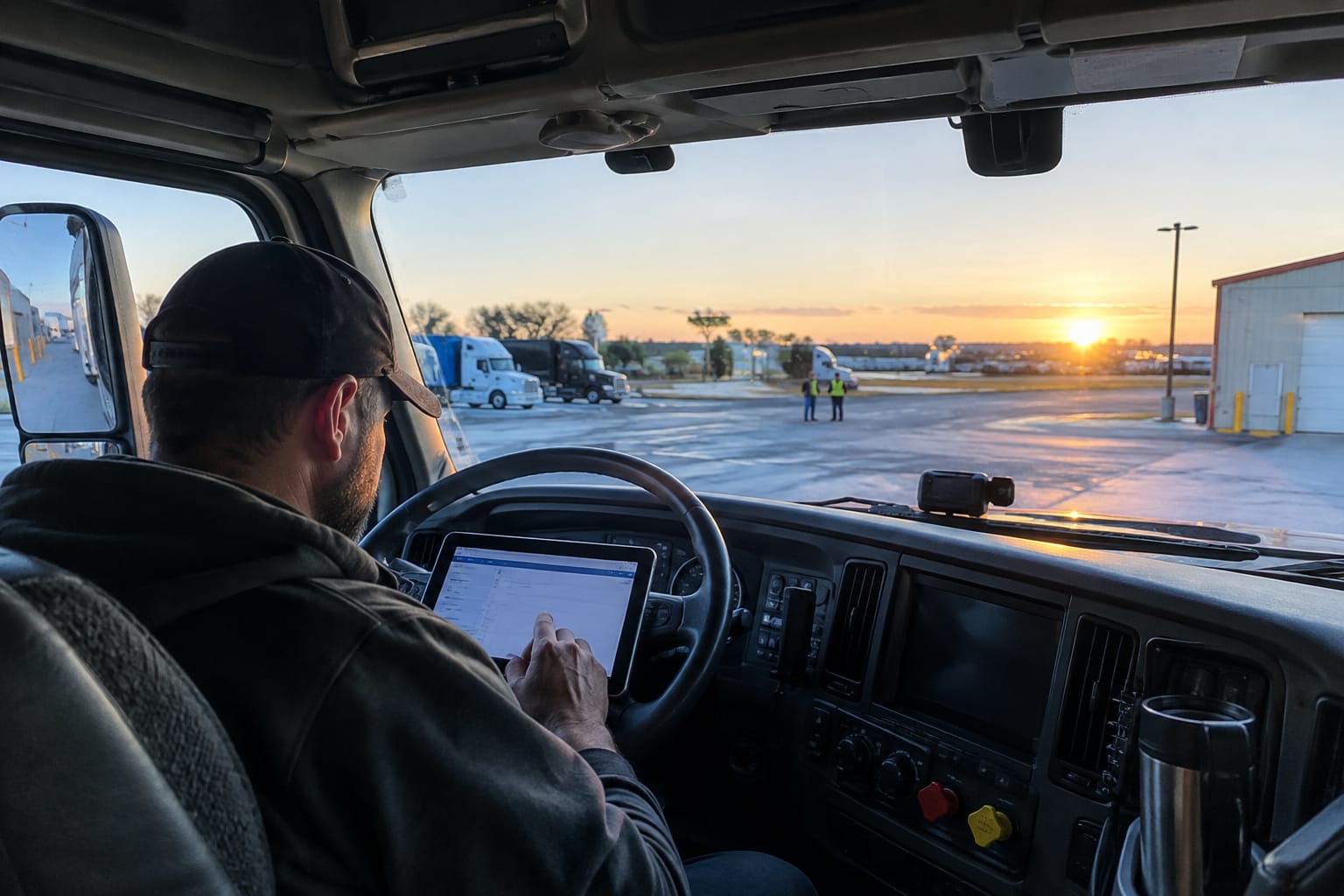 Owner in a truck cab at dawn reviewing the day's job list on a tablet