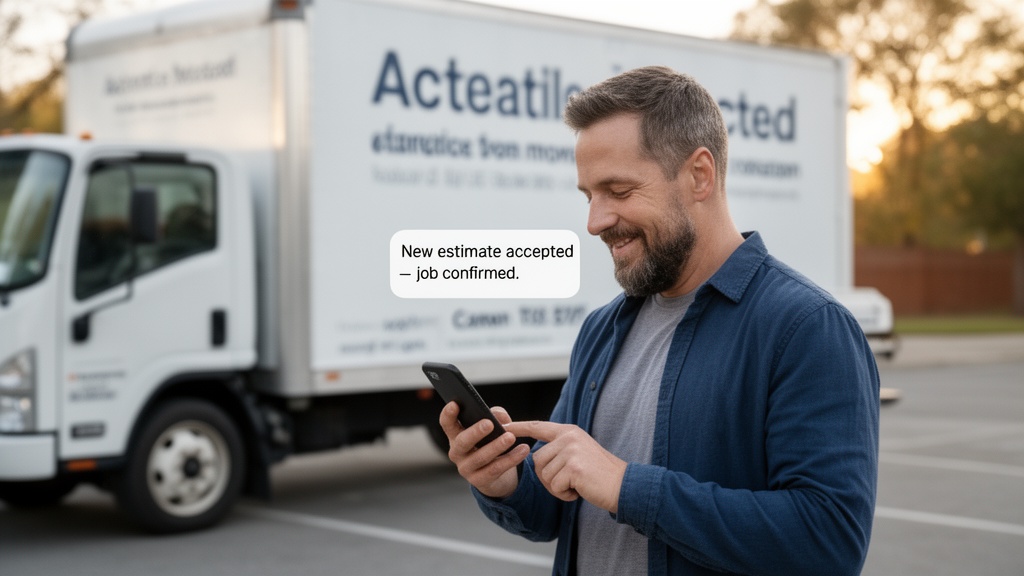 A moving company owner standing beside a branded moving truck in a parking lot, checking his smartph