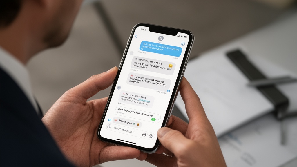A smartphone screen showing automated CRM follow-up text messages and email sequences being delivere