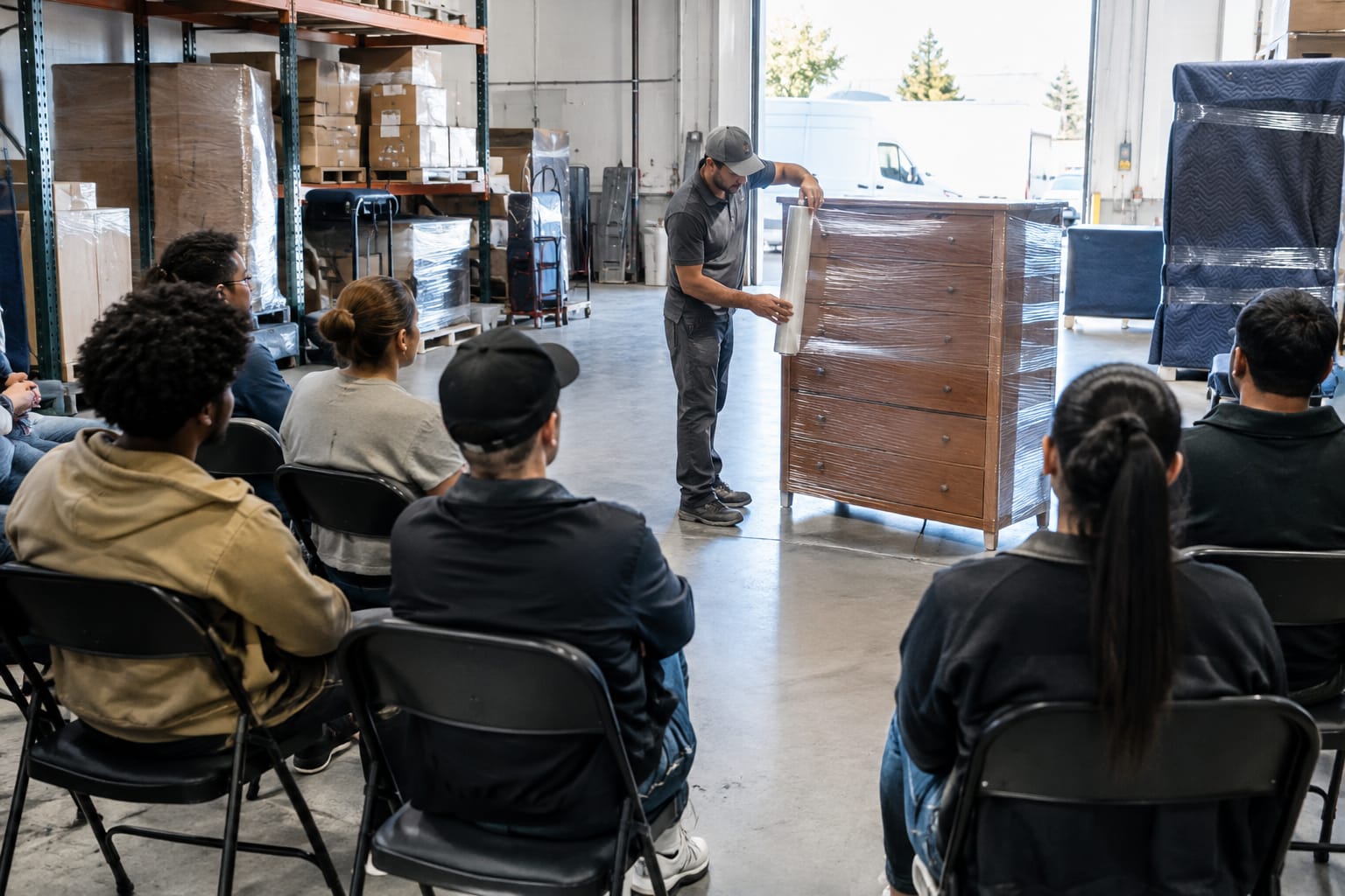 New hires watching a supervisor demonstrate wrapping a dresser during warehouse orientation