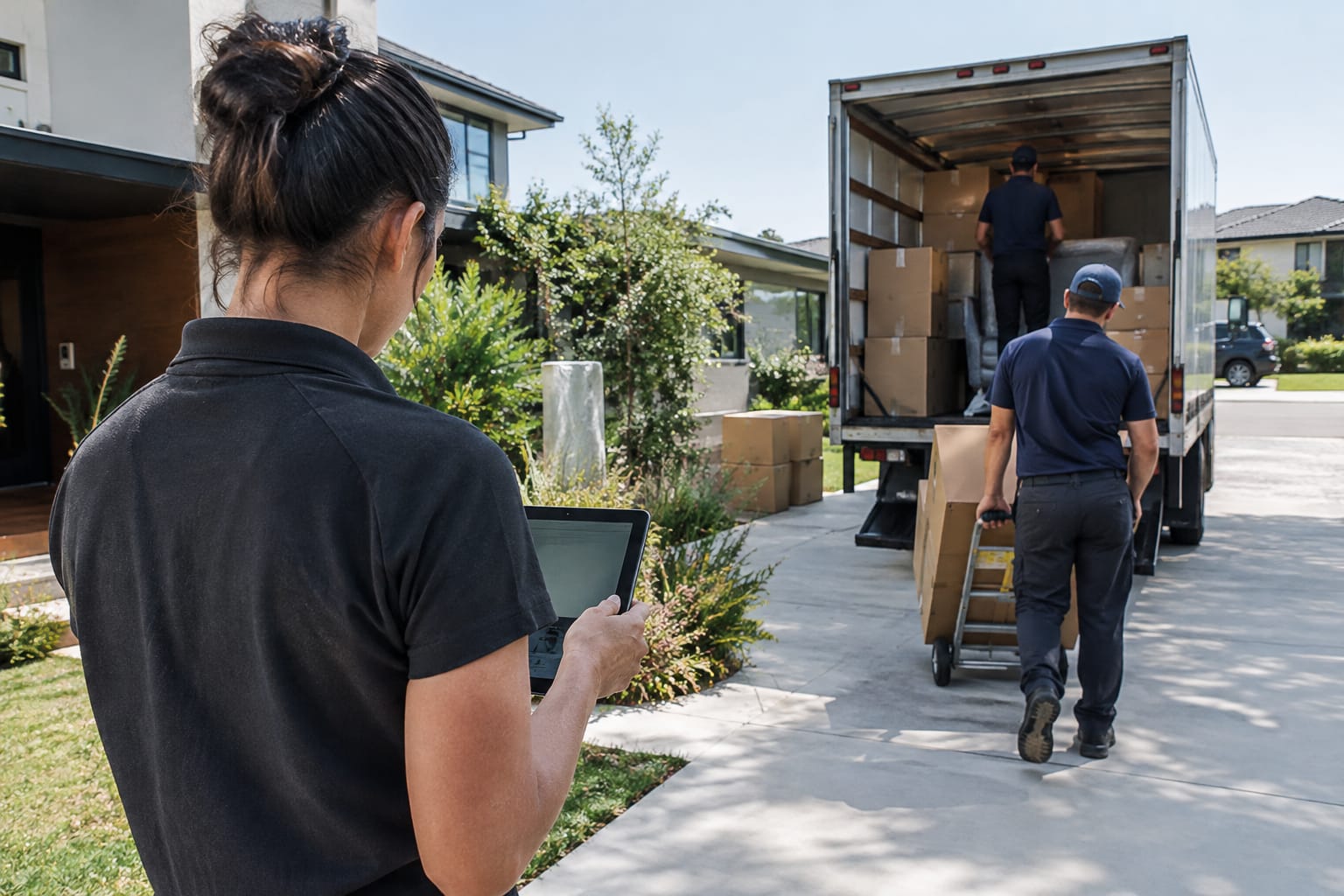 Moving company sales desk with laptop pipeline board and printed lead list, box trucks parked outside the window