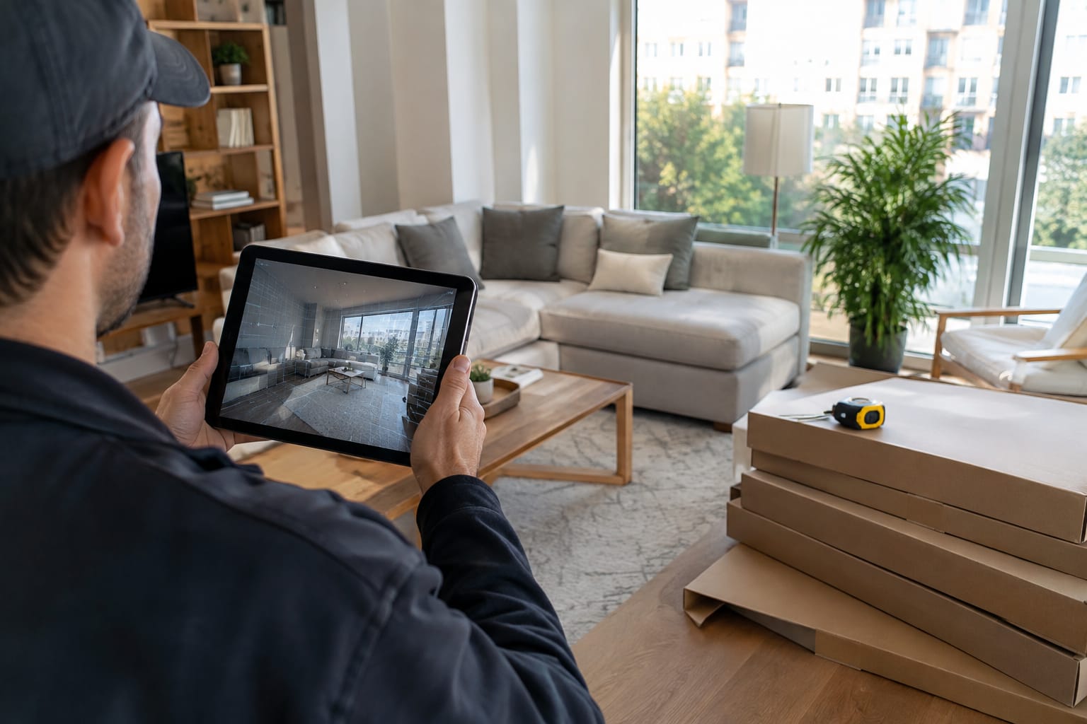 Person at a kitchen counter viewing a move timeline on a phone next to packed boxes and packing tape