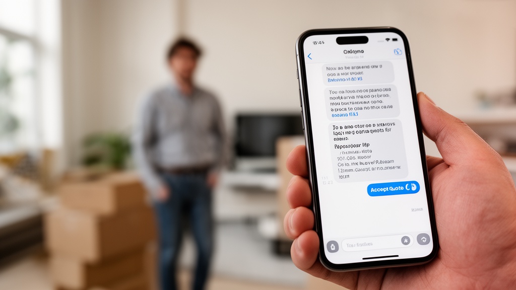 Close-up of a smartphone screen showing a customer receiving a moving quote via SMS with a clear 'Ac