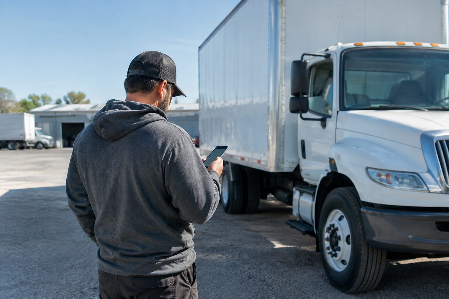 Moving company owner checking a phone lead notification beside a parked box truck in a yard.