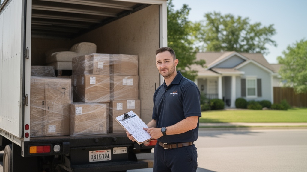 A uniformed mover stands next to an open moving truck loaded with neatly stacked boxes and wrapped f