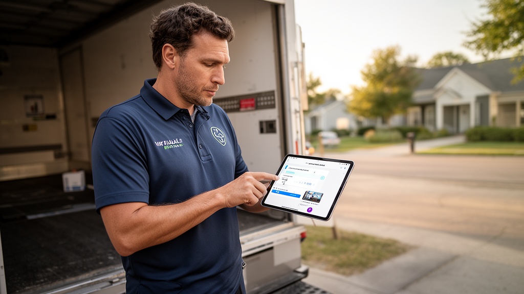 A crew lead in a Virtual Estimate-branded polo shirt holding a tablet on the back ramp of a moving t