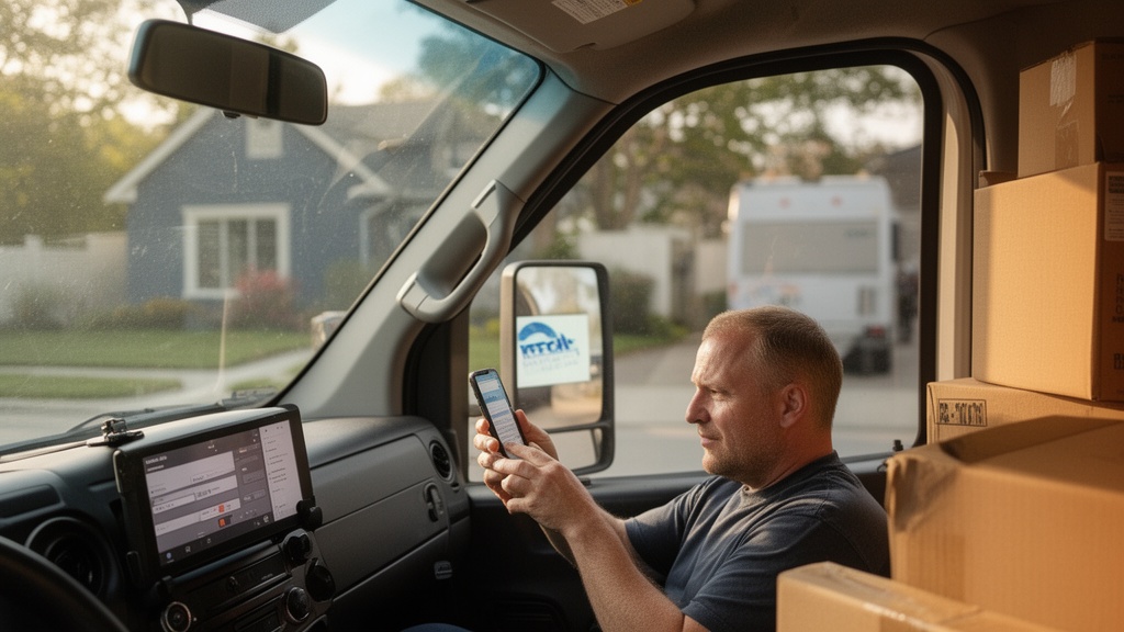A moving truck driver checking job assignment details on a smartphone mounted on the dashboard, park