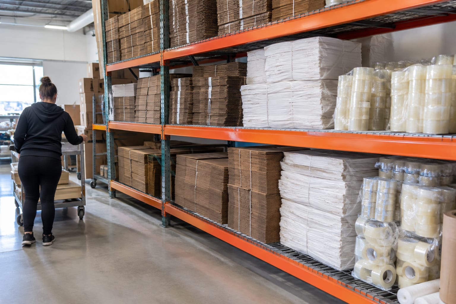 Foreman in a hi-vis vest counting flat cartons onto a hand truck beside shelves of packing paper and shrink wrap