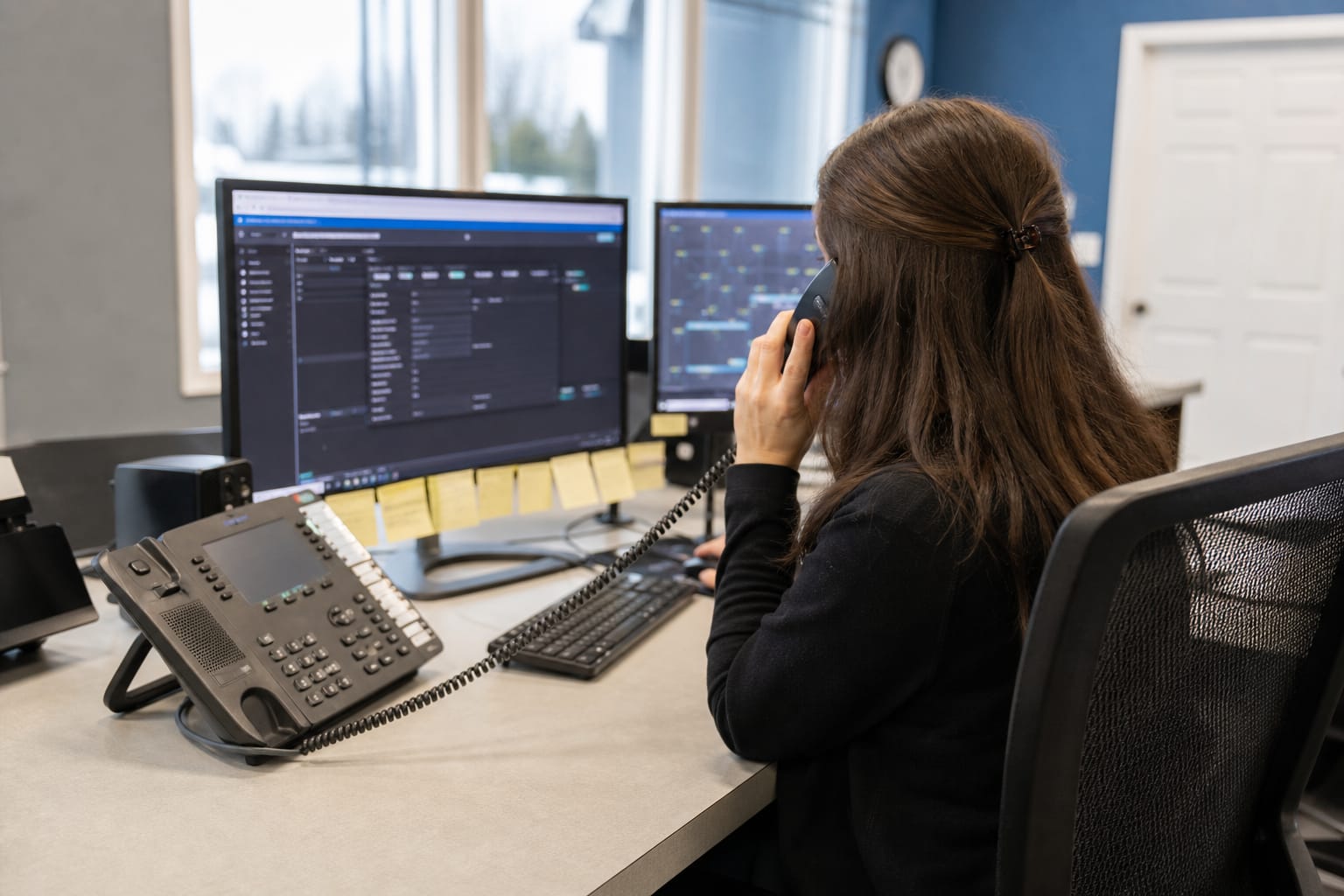 Dispatcher answering a desk phone while opening a customer record on a monitor edged with sticky notes