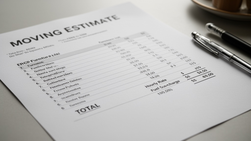 A close-up of a printed moving estimate laid flat on a table. It's clearly itemized — furniture list