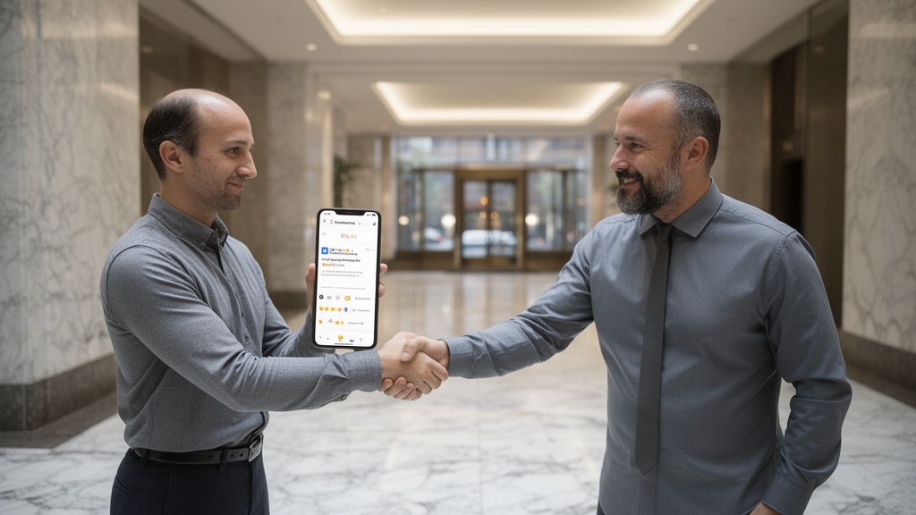 A customer and a moving company representative shaking hands in the marble lobby of a modern Manhatt