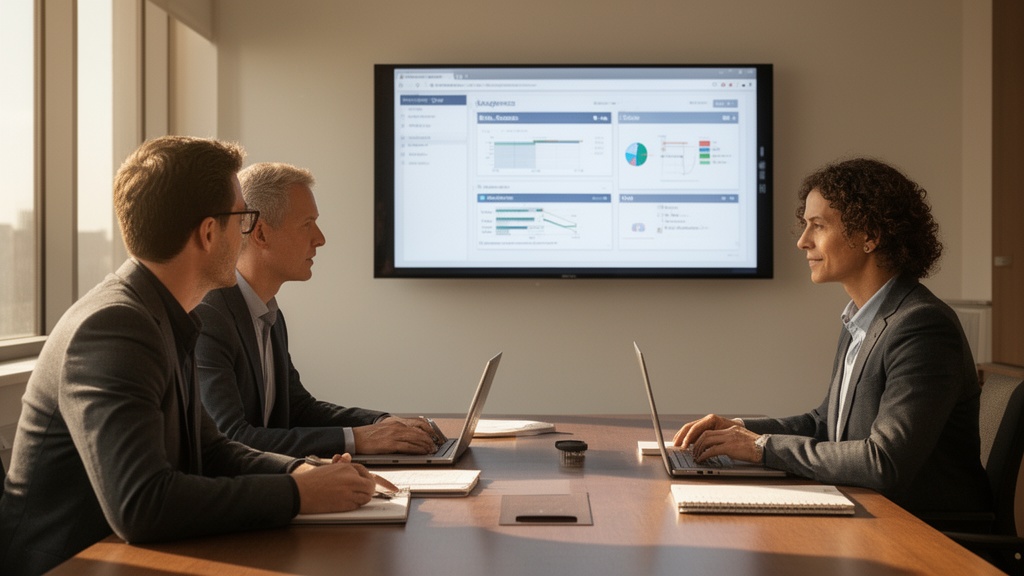 Three coworkers sitting around a conference table during a software training session. One person is