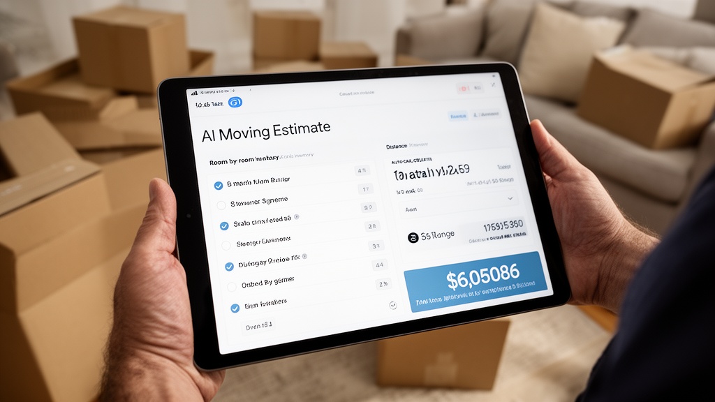 A close-up of a tablet screen displaying an AI moving estimate interface with a room-by-room invento