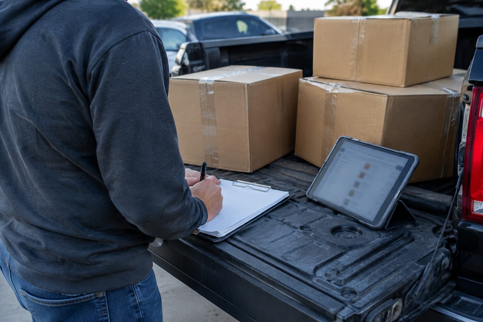 Customer signing a bill of lading on a phone held by a moving foreman, packed boxes stacked behind them