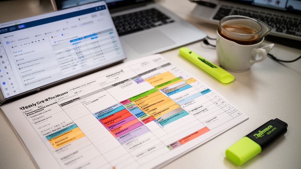 An overhead shot of a desk showing a printed weekly crew schedule next to a laptop with a scheduling