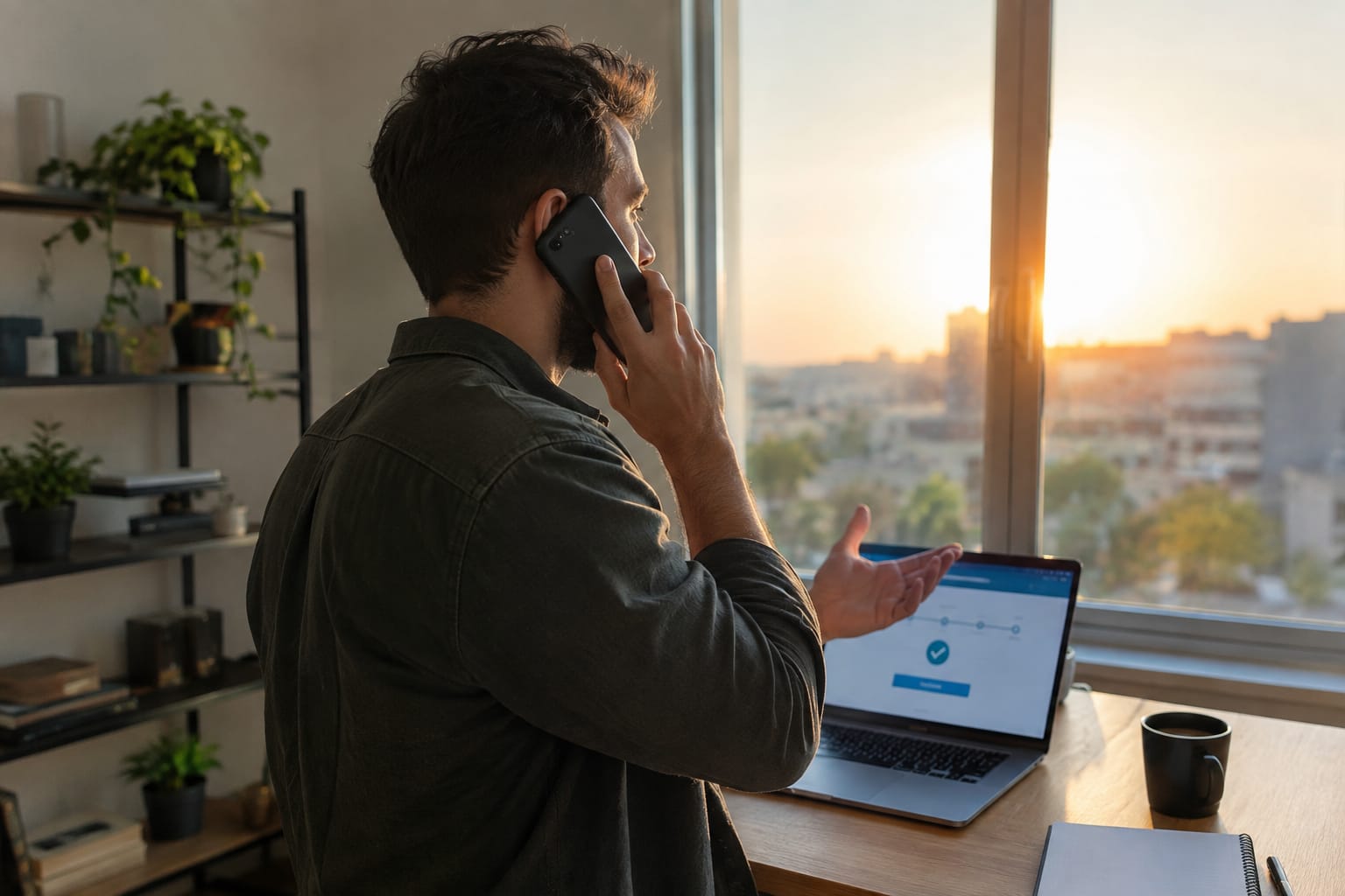 Sales rep on a phone call by a window with a laptop behind him showing a booked-job confirmation screen.