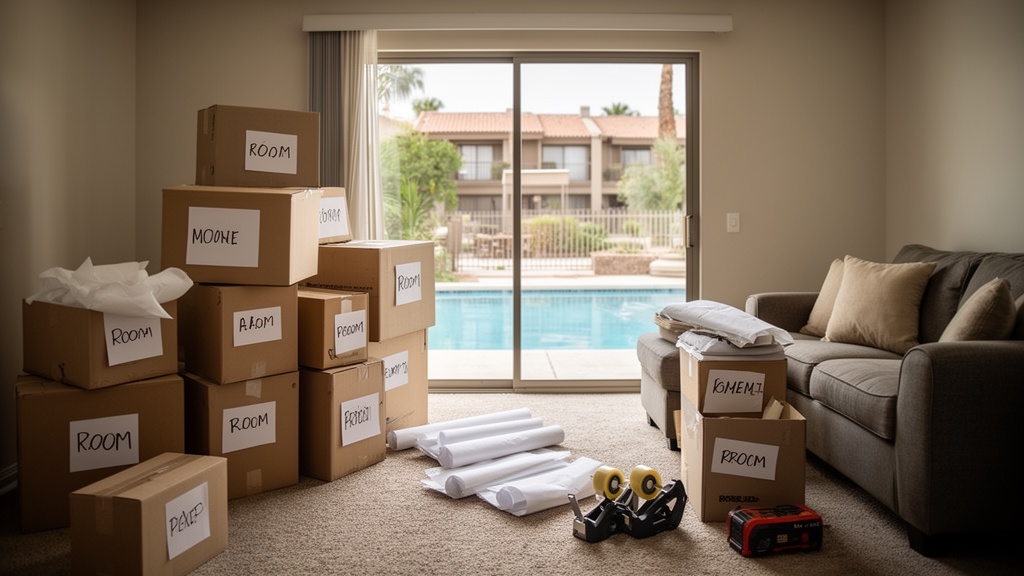 Interior of a Phoenix apartment being systematically packed for a move: boxes stacked and labeled by