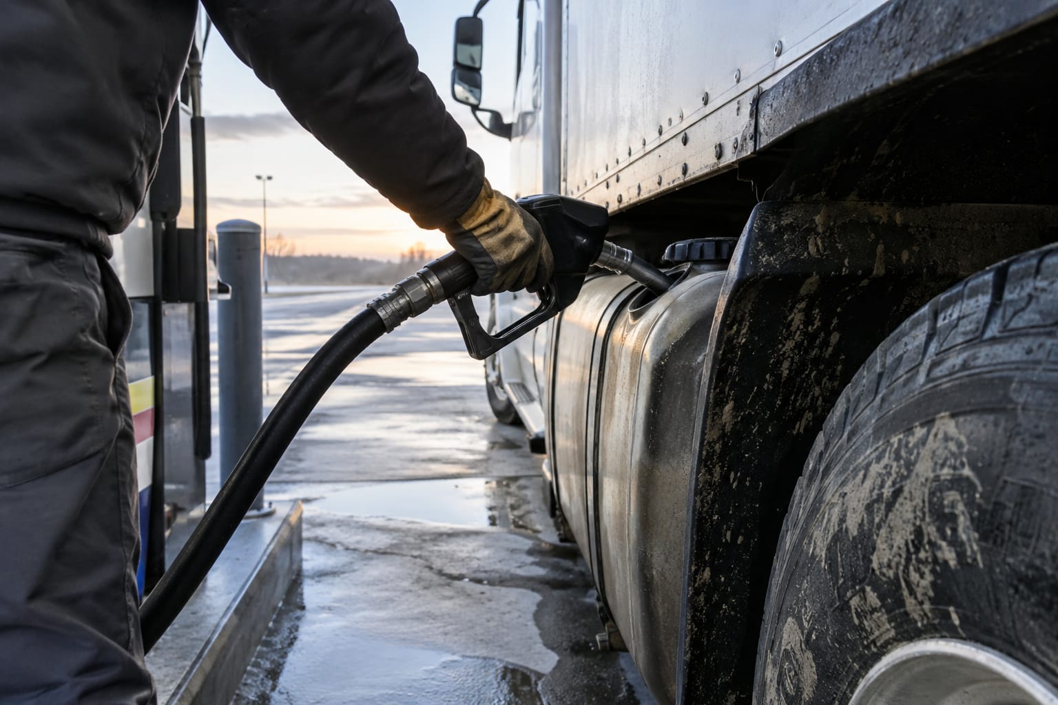 Hand holding a fuel nozzle in a box truck tank with the pump price display visible behind it