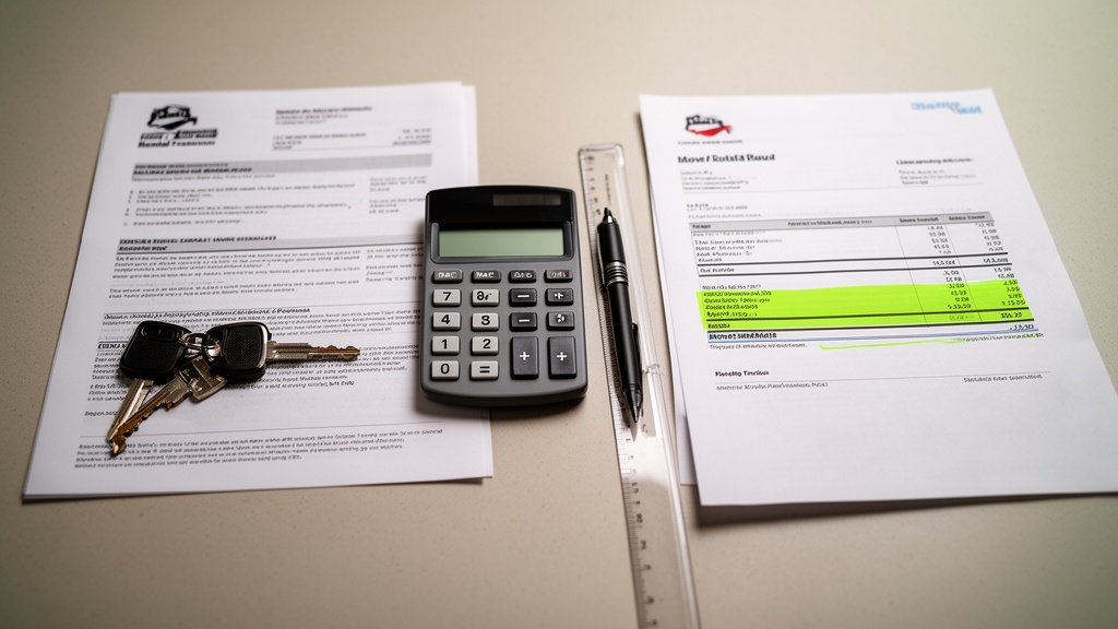 A flat-lay overhead shot on a neutral table surface: on the left, a rental truck key resting on a re