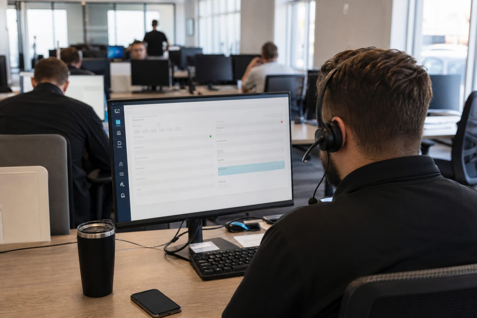 Sales rep in a headset answering a call with a new lead record showing the source field on screen