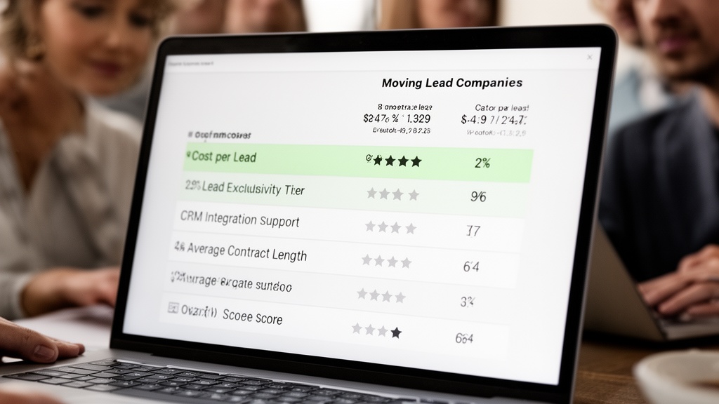 Close-up of a laptop screen showing a structured comparison table of moving lead companies with clea