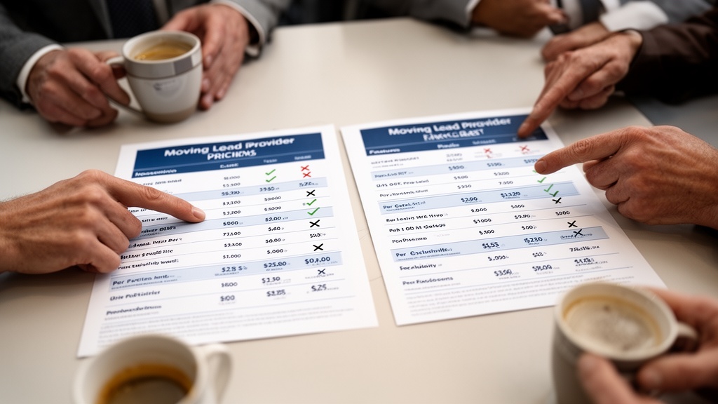 Two printed moving lead provider pricing sheets placed side by side on a table, showing feature colu
