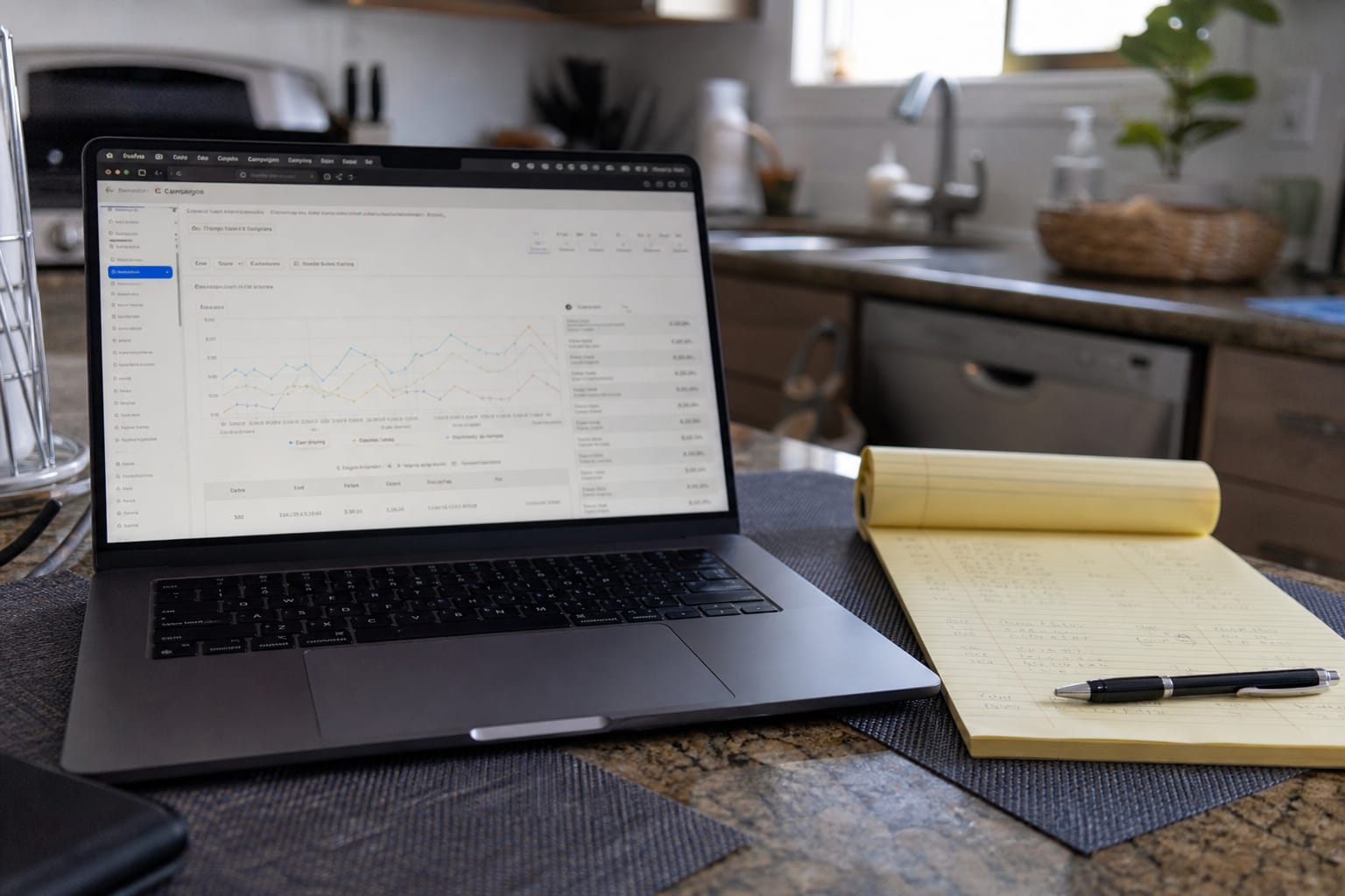 Laptop showing an ad campaign dashboard with charts beside a notepad of handwritten figures and a pen