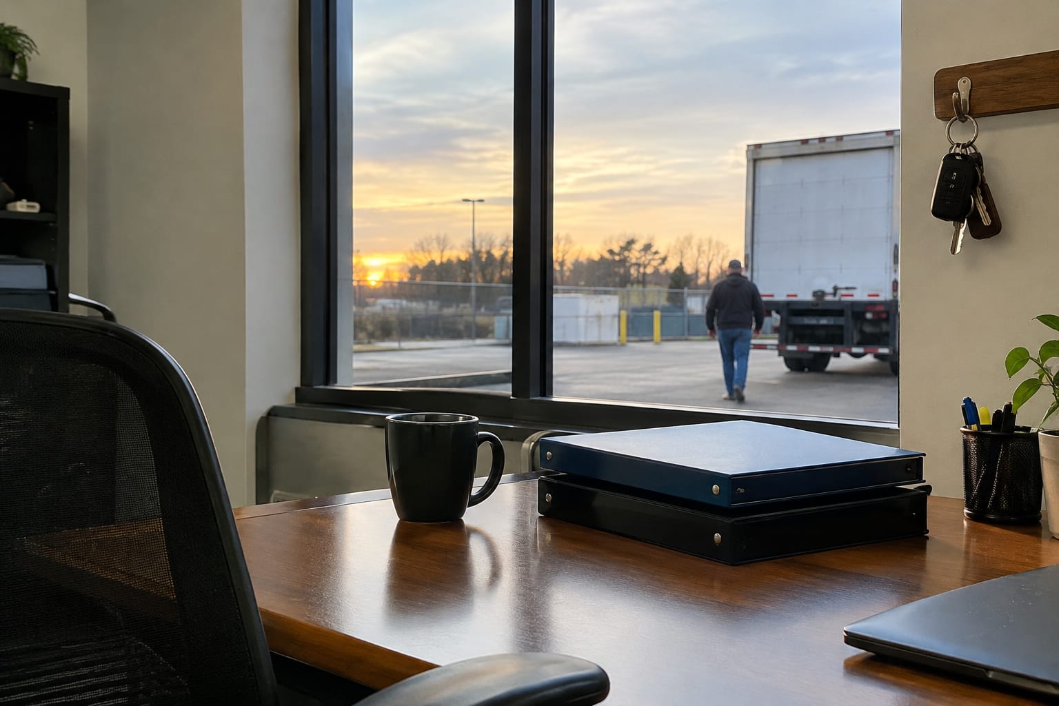 Two foremen at a truck tailgate, one holding a tablet with a signed job record, the other coiling straps