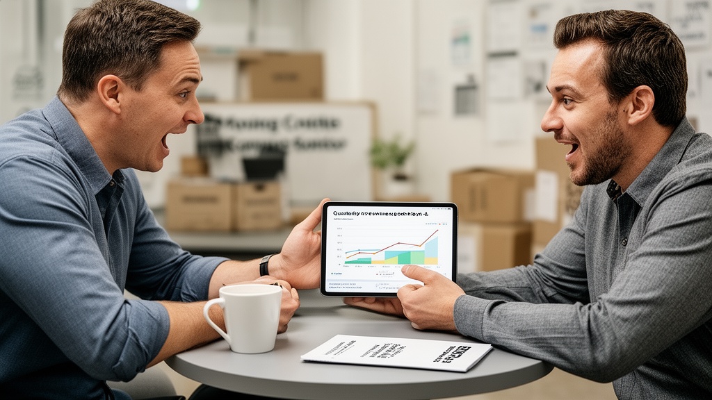 Two moving company partners seated across from each other at a small table, one showing the other qu