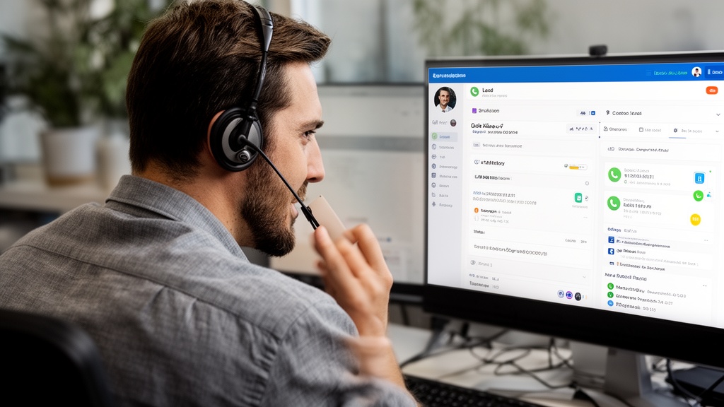 A moving company sales rep making a follow-up call at a workstation, a CRM screen visible on the mon