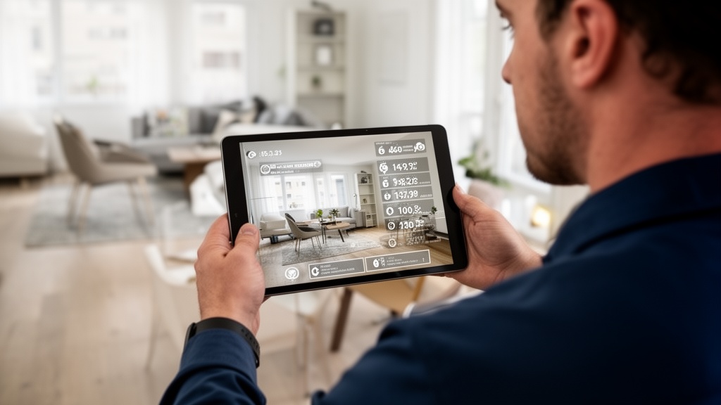 A technician using a tablet to conduct a video walkthrough of an apartment, with AI annotation overl